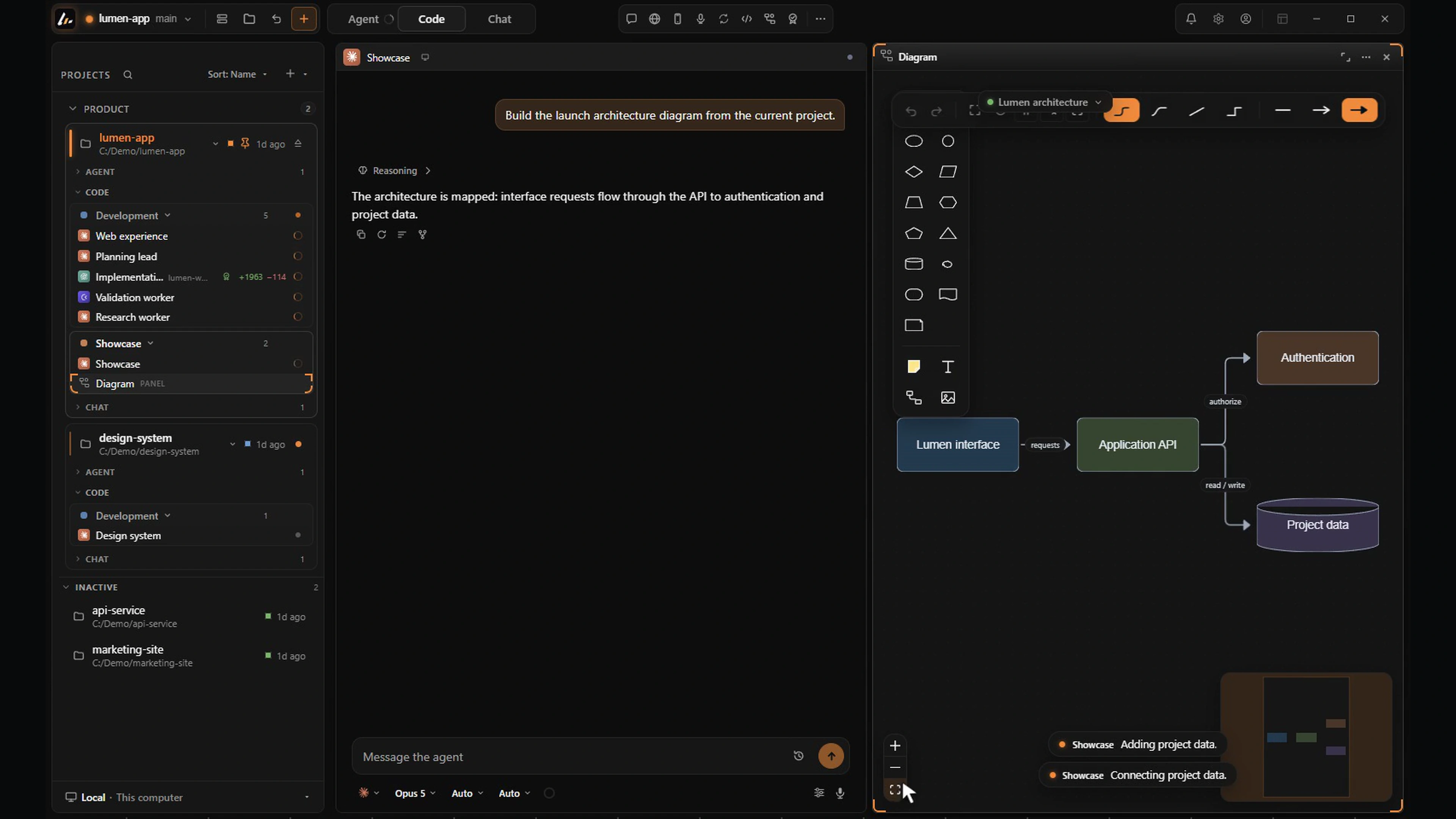 Agent-generated architecture diagram docked beside its chat terminal